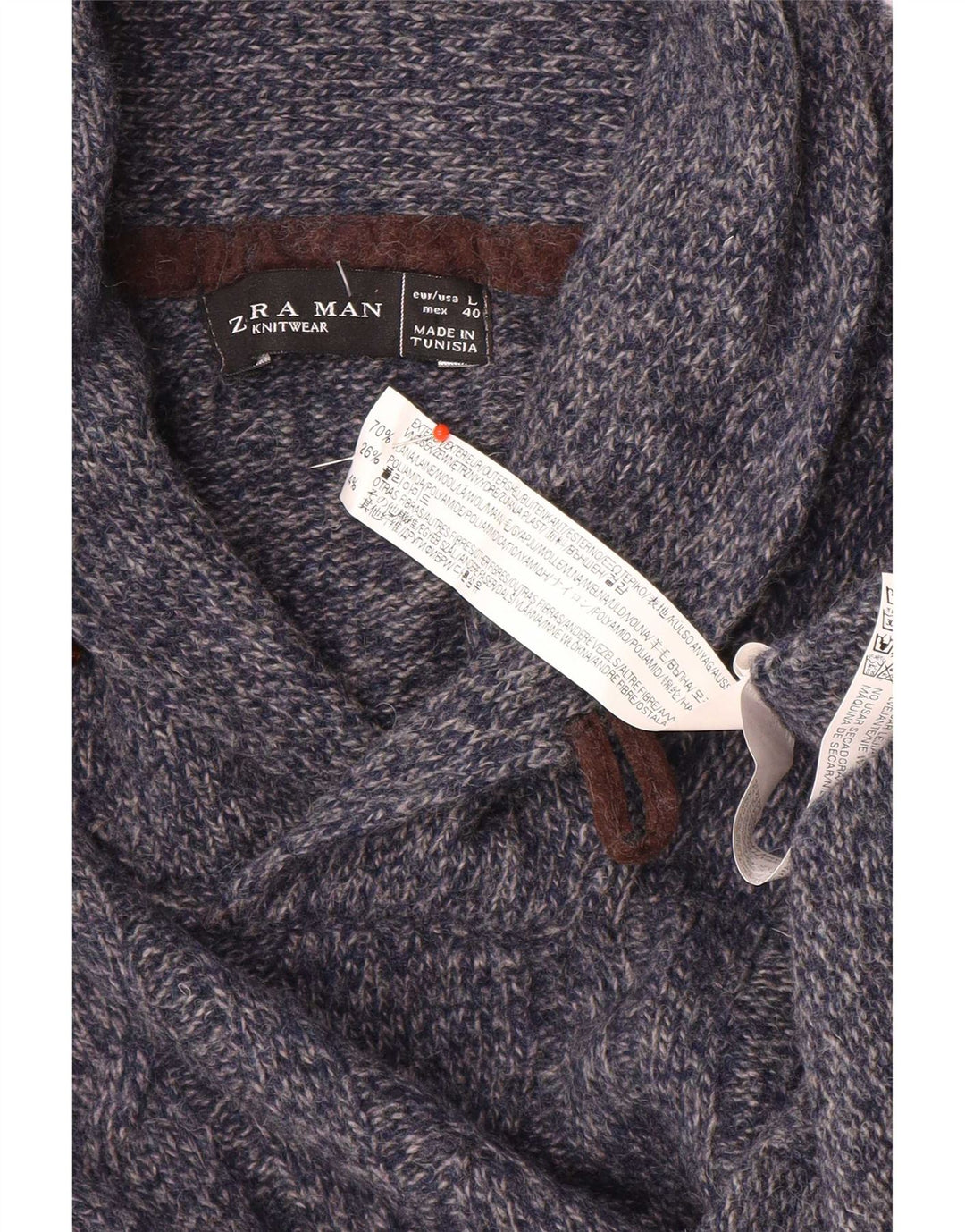 Męski sweter Zara z szalowym dekoltem, duży, granatowy, wełniany w cętki