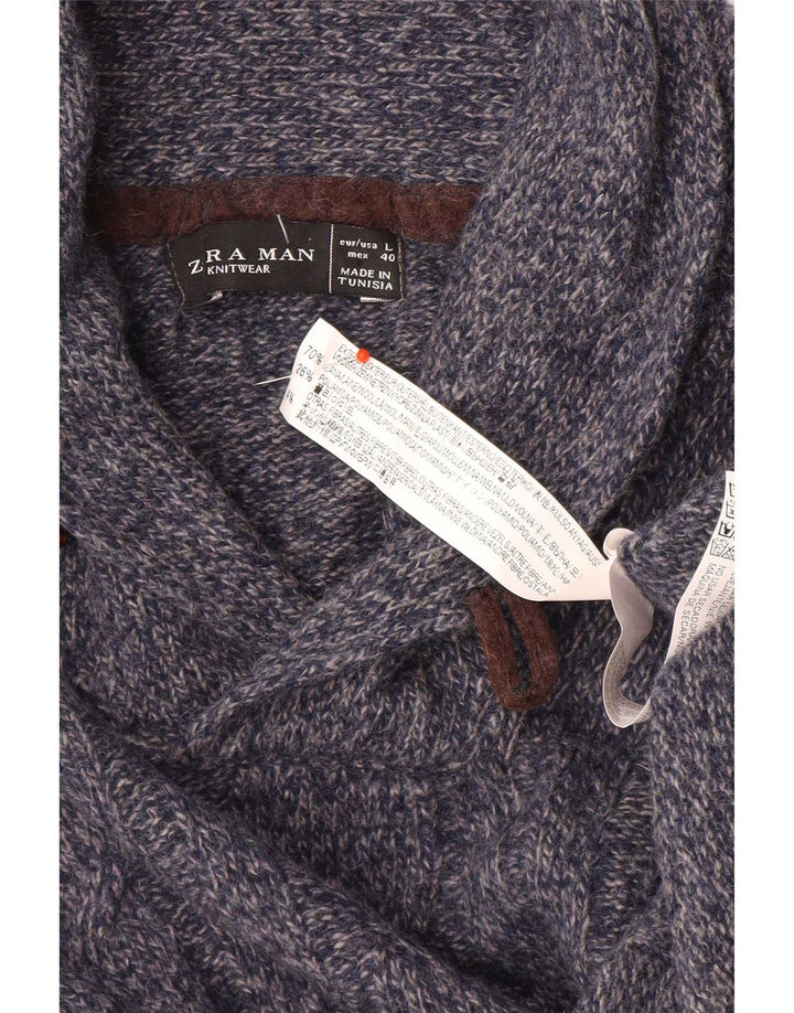 Męski sweter Zara z szalowym dekoltem, duży, granatowy, wełniany w cętki