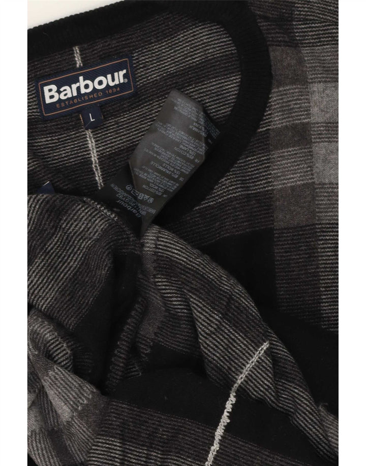 Męski sweter Barbour z dekoltem w łódkę, duży, szary, bawełniany w kratę