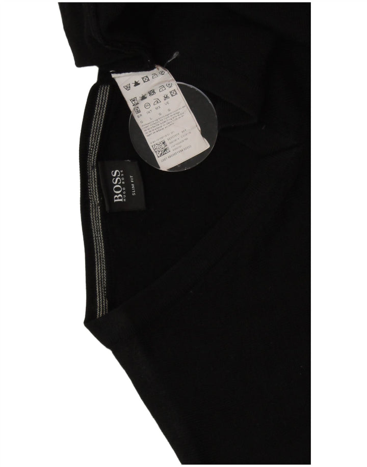 HUGO BOSS Męski sweter slim fit z dekoltem w kształcie litery V, duży, czarny, wełniany