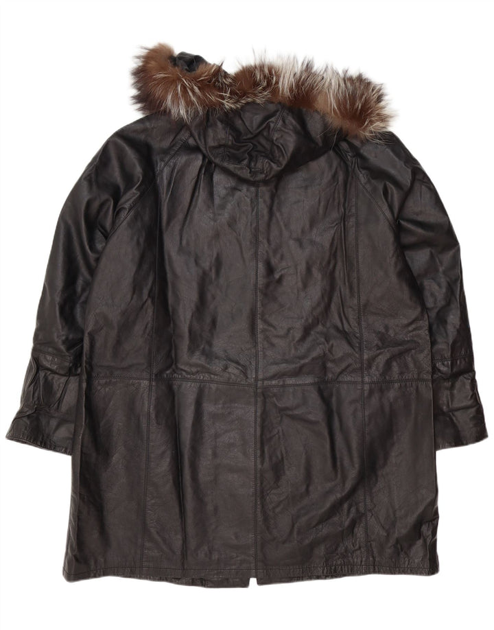 Vintage damski płaszcz skórzany z kapturem, oversize IT 48 XL, czarna skóra