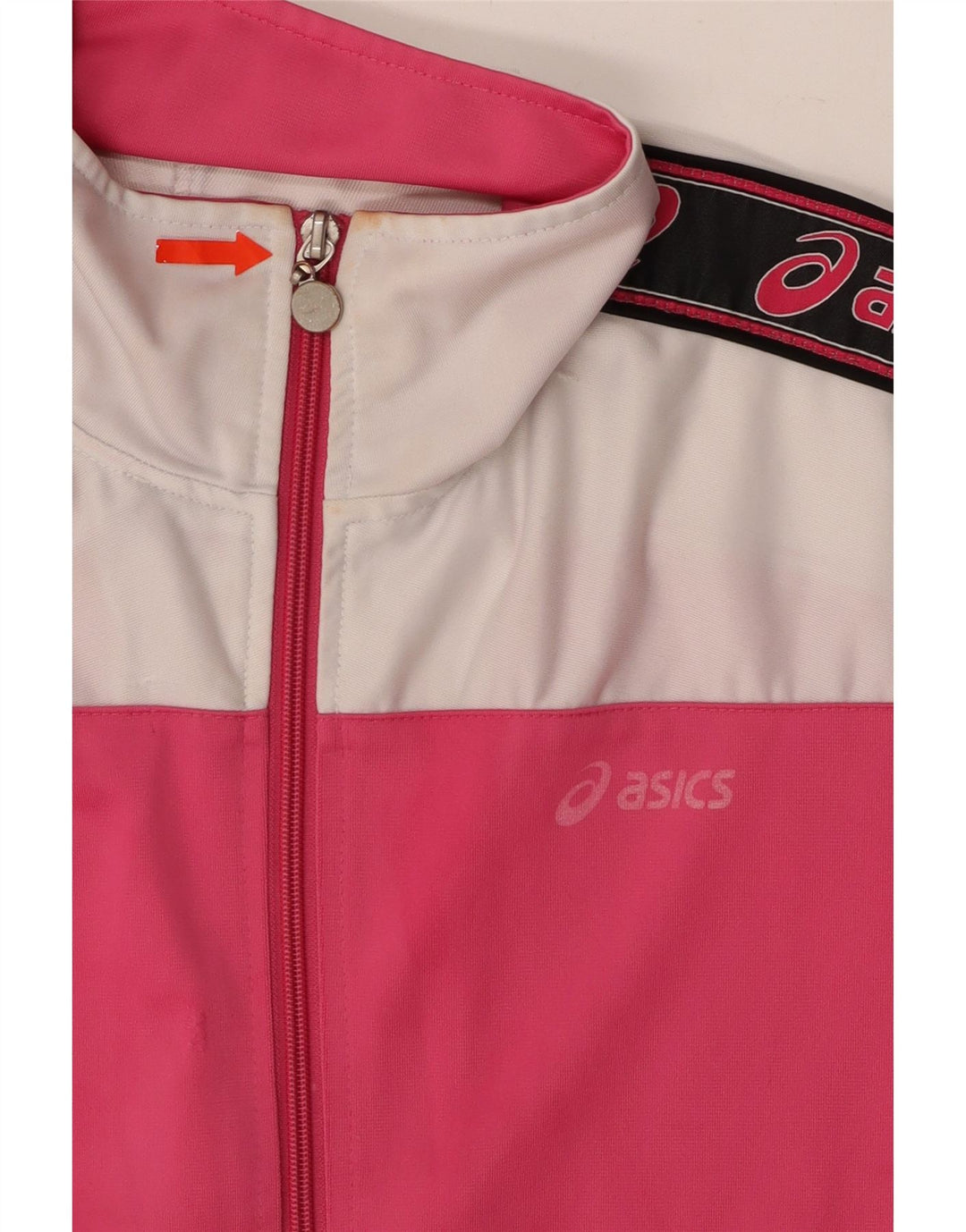 ASICS Womens Graphic Tracksuit Top Jacket UK 14 Medium Pink Colourblock Vintage Asics and Second-Hand Asics from Messina Hembry 