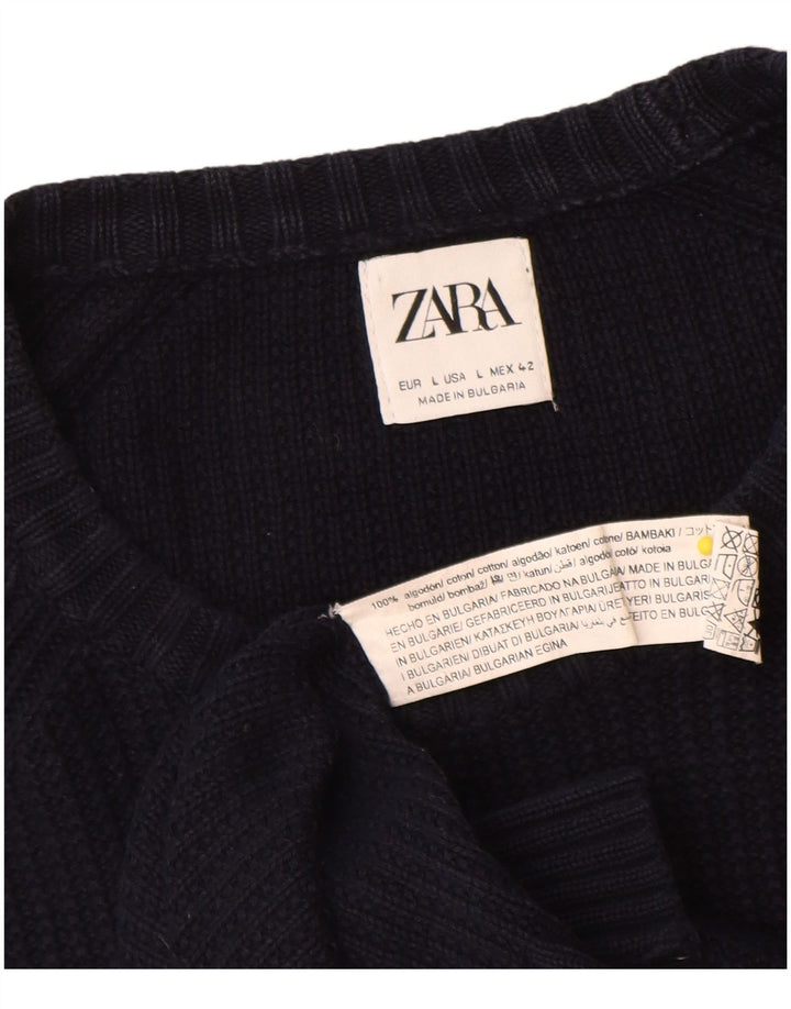 Męski sweter z okrągłym dekoltem Zara, duży, granatowy, bawełniany