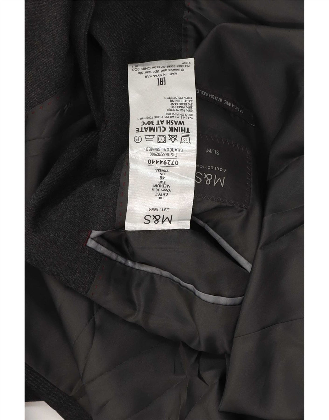 Marks & Spencer Męska marynarka slim fit z 2 guzikami, UK 38, średnia szara wełna