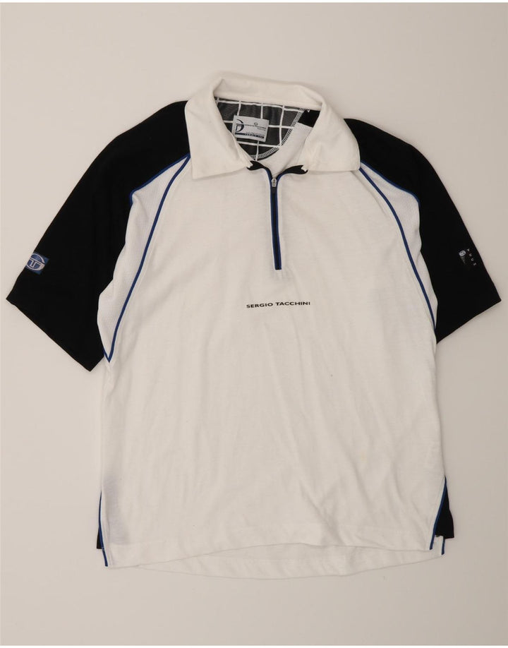 Męska koszulka polo Sergio Tacchini, mała, biała, bawełniana w bloki kolorów
