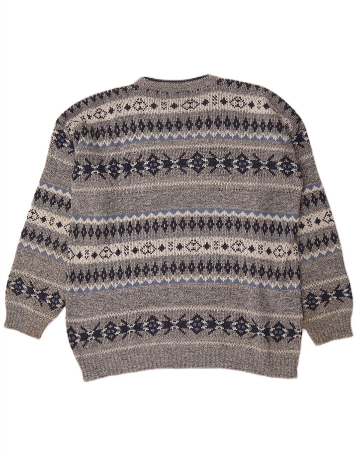 Vintage męski sweter z okrągłym dekoltem, duży szary Fair Isle