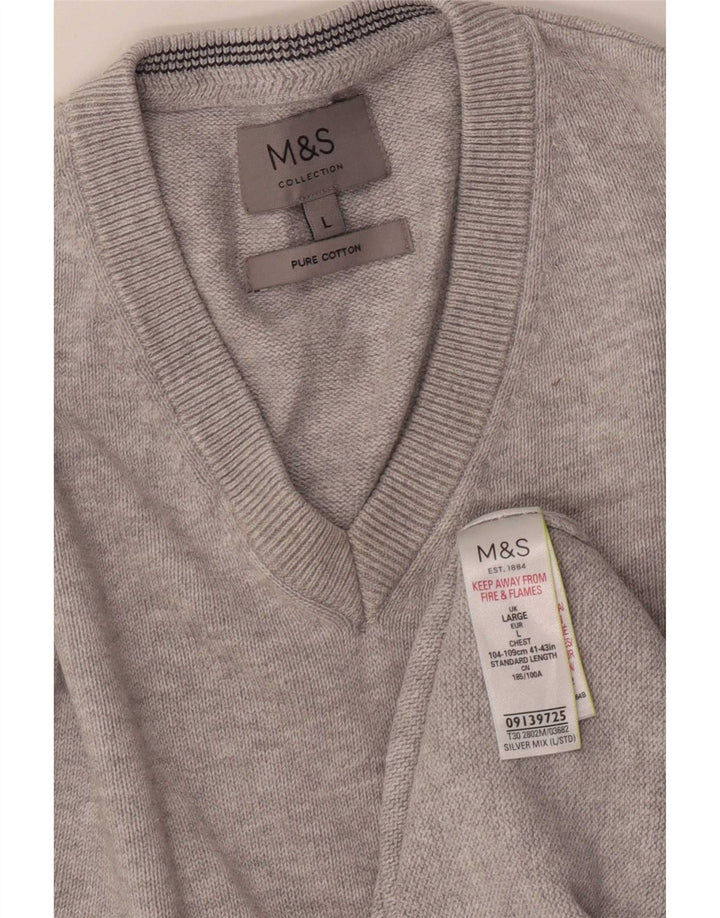 Marks & Spencer Męski sweter z dekoltem w kształcie litery V, duży, szary, bawełniany w plamki