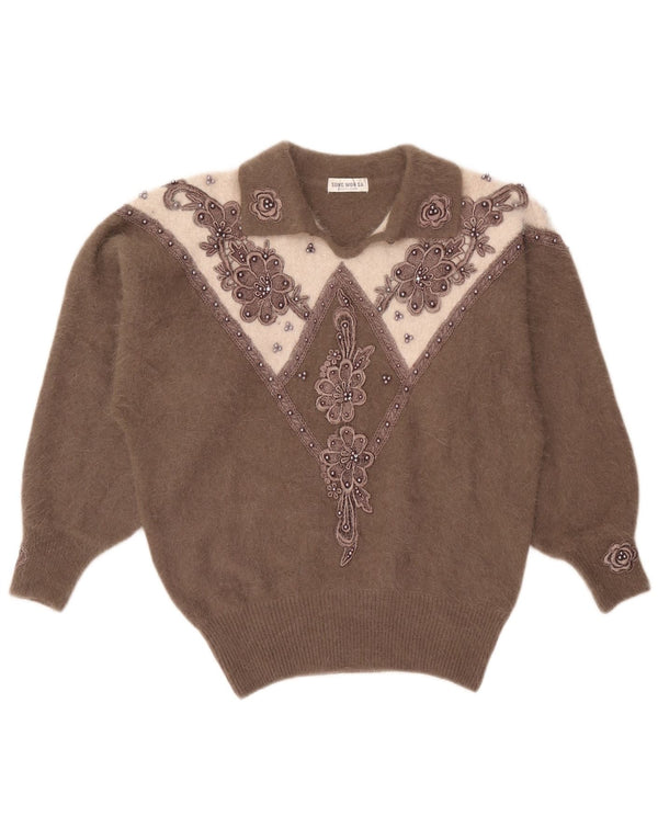 Vintage damski sweter polo UK 16 duży brązowy blok kolorów