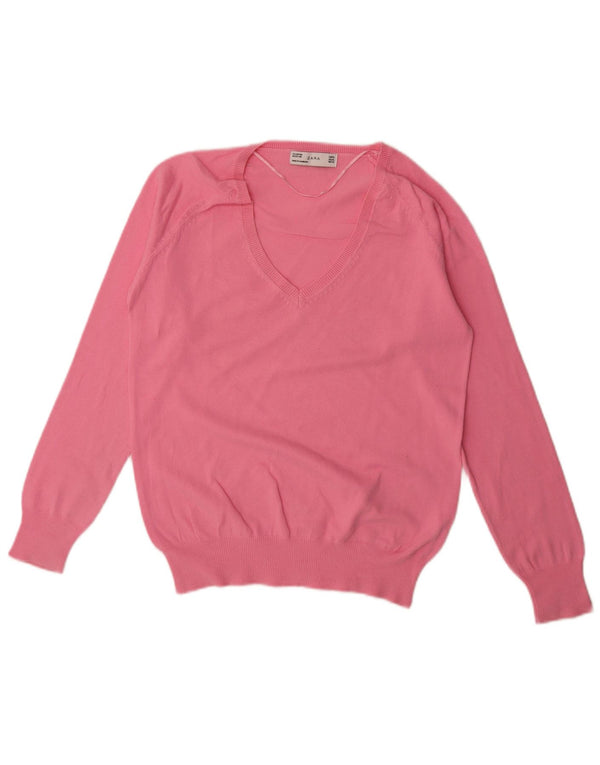 Sweter damski Zara z dekoltem w kształcie litery V, UK 18 XL, różowy, bawełniany