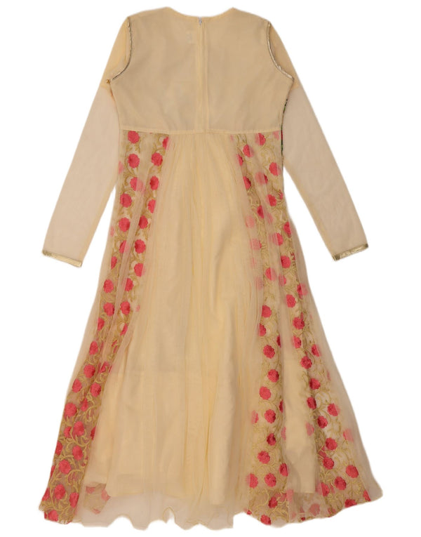 Damska sukienka o linii A z długim rękawem VINTAGE US 6 w kolorze średniego beżu w kwiaty