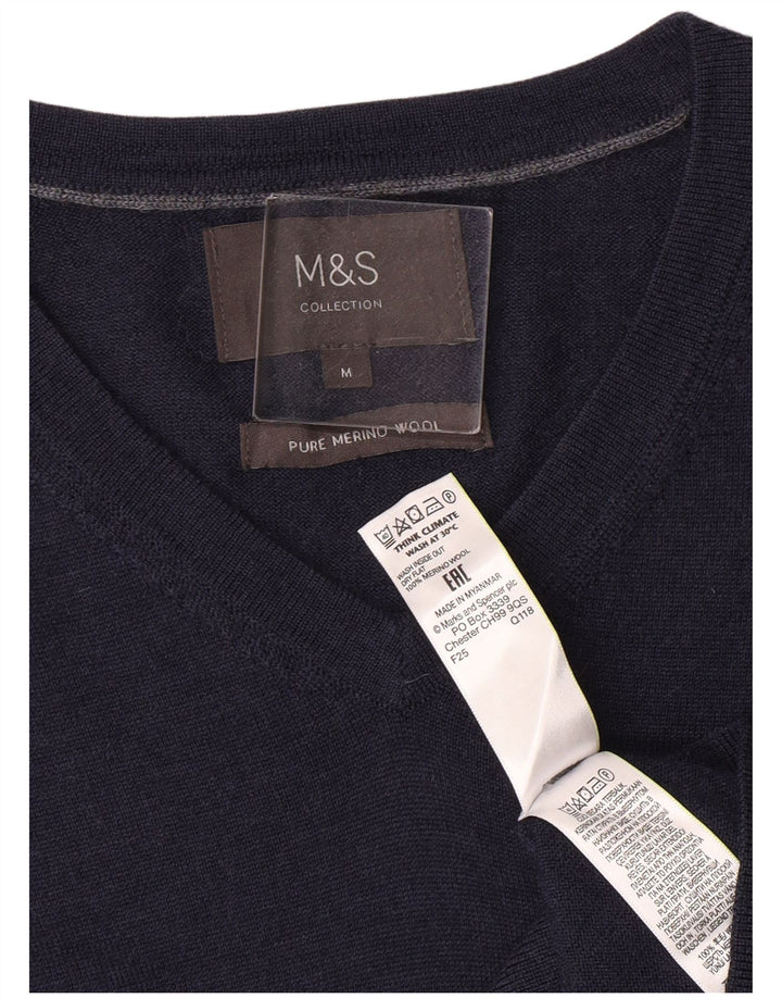 Marks & Spencer Męski sweter z dekoltem w kształcie litery V, średni granatowy, wełna merynosowa