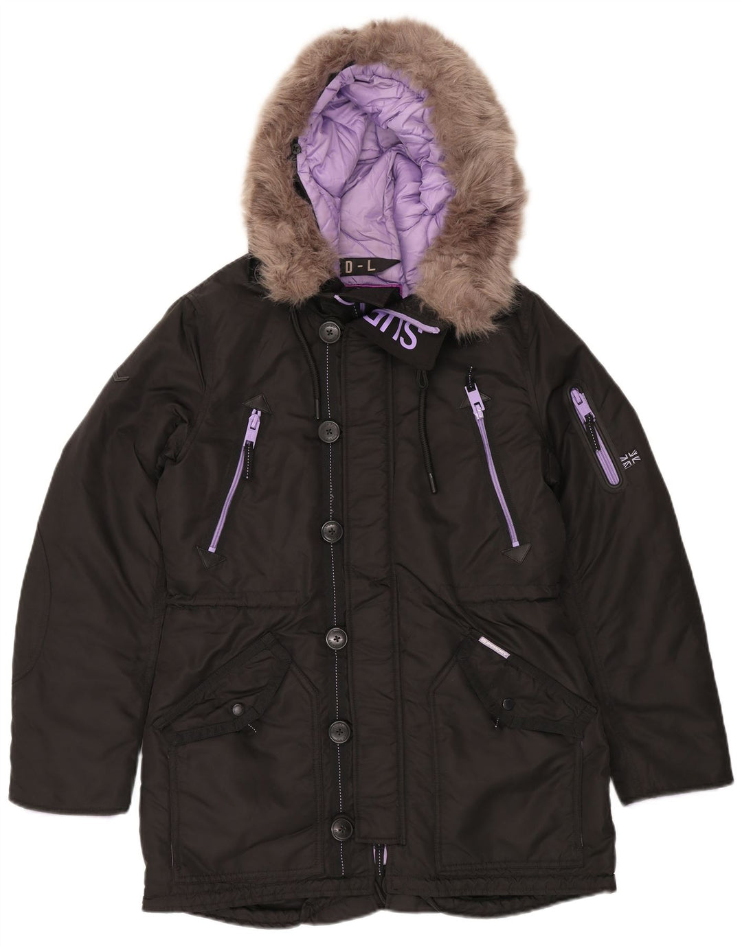 Damska kurtka parka z kapturem Superdry UK 16, duża, czarna, nylonowa, zimowa