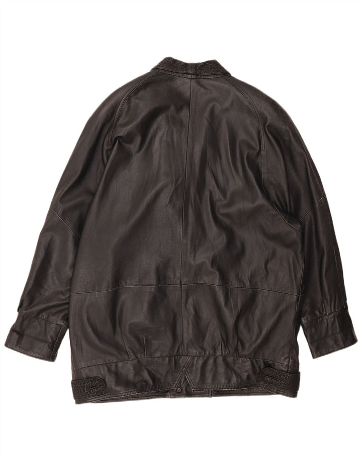 VINTAGE Womens Oversized Leather Coat EU 46 XL Black Animal Print Leather