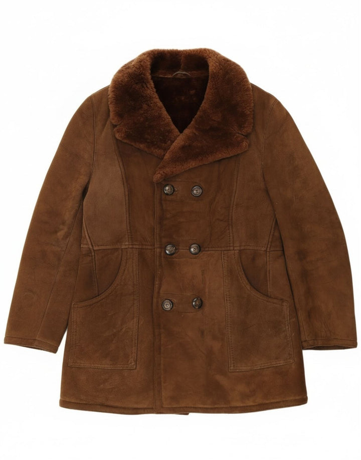 Vintage męska kurtka shearling z podwójnymi piersiami IT 54 2XL brązowa skóra