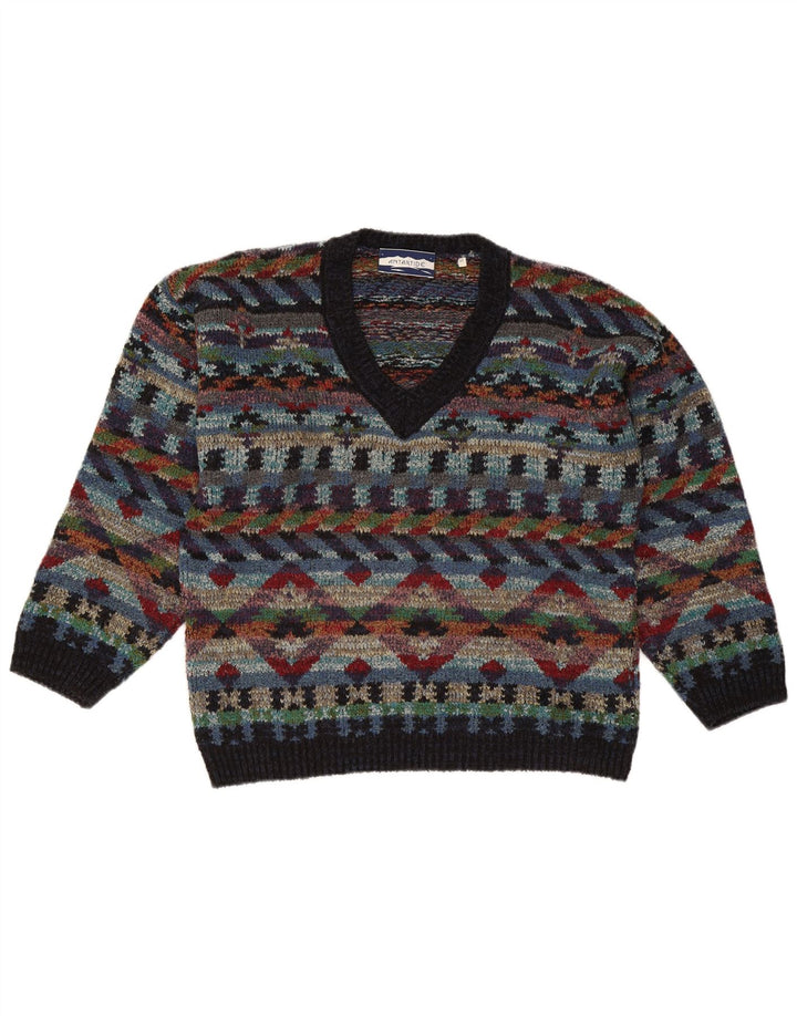Męski sweter w stylu vintage z dekoltem w szpic, średniej wielobarwnej geometrycznej wełny