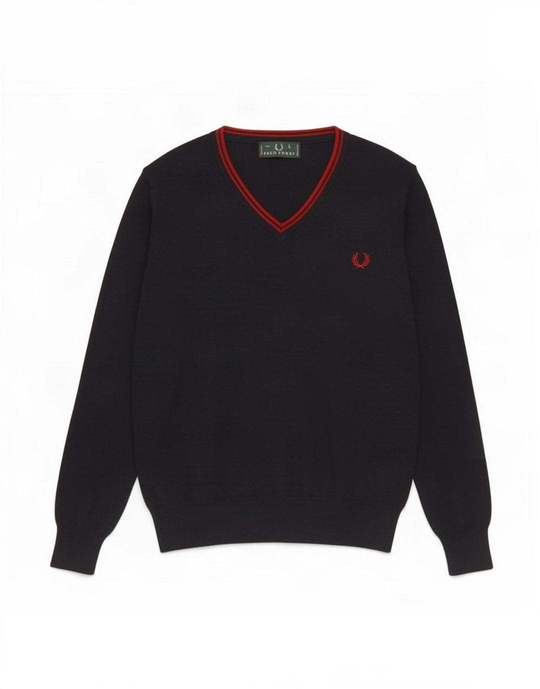 Męski sweter Fred Perry z dekoltem w kształcie litery V, duży, granatowy, wełniany