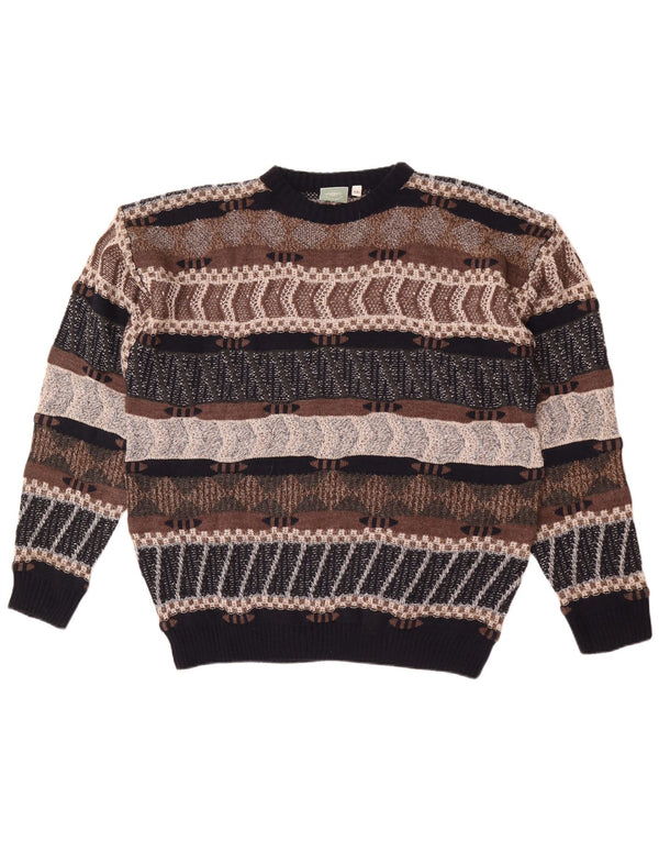 Vintage męski sweter z okrągłym dekoltem 2XL, akryl w brązowe paski