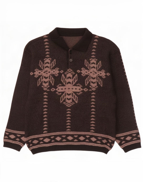 Vintage męski sweter polo IT 50 średni brąz Fair Isle