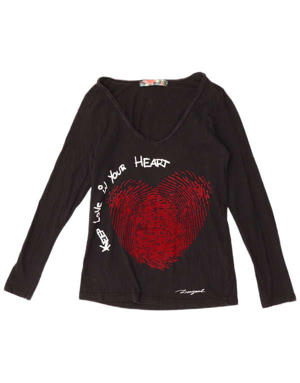 Desigual damski top graficzny z długim rękawem UK 14, duże czarne bawełniane serce