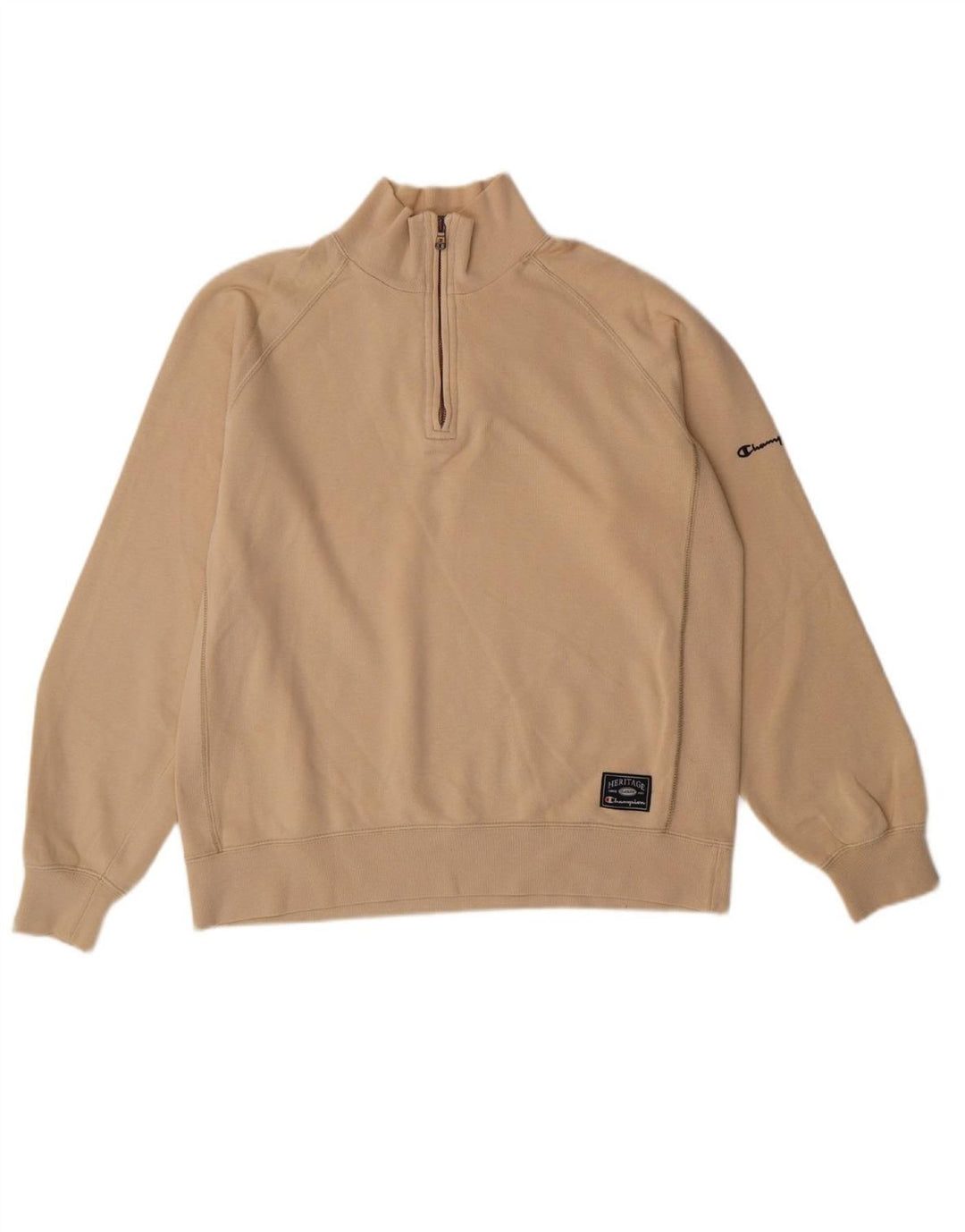 CHAMPION Womens Zip Neck Sweatshirt Jumper UK 14 Medium Beige Cotton