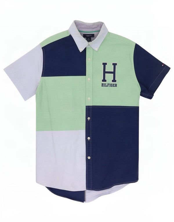Męska koszula z krótkim rękawem Tommy Hilfiger, duża, granatowa, z blokami kolorów