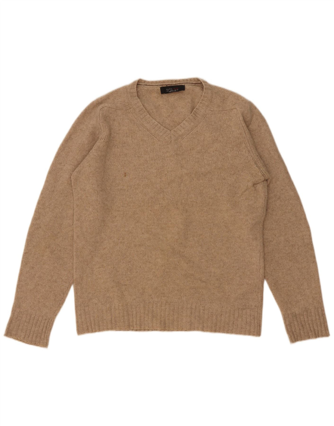 Męski sweter Zara z dekoltem w kształcie litery V, duży, beżowy, wełniany