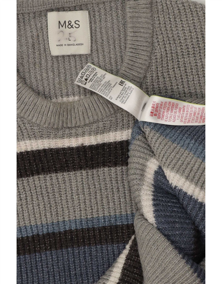 Marks & Spencer Męski sweter z okrągłym dekoltem, duże, szare paski, poliamid