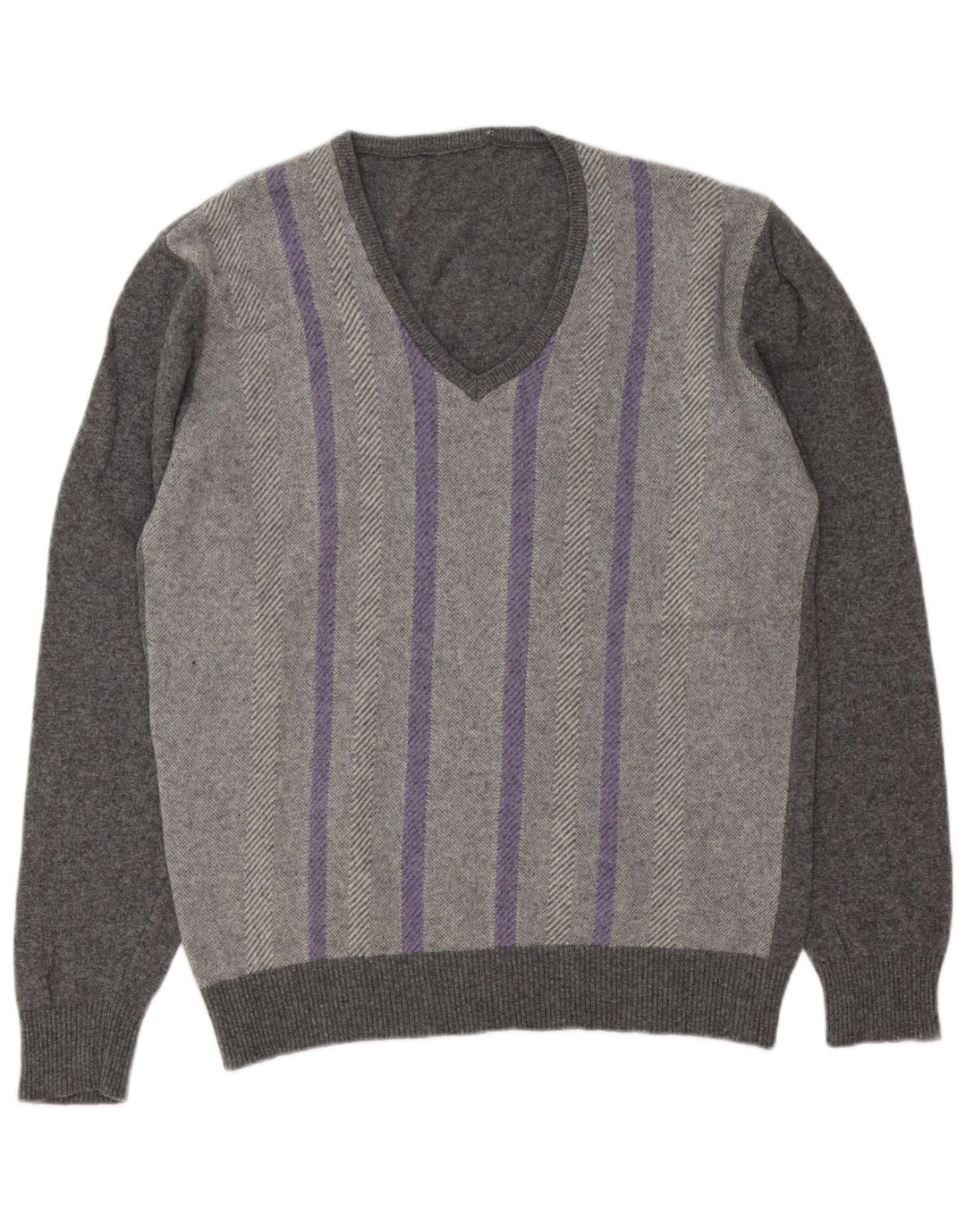 Vintage męski sweter z dekoltem w kształcie litery V, duże szare paski
