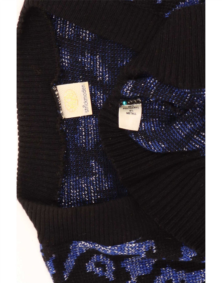 Sweter damski w stylu vintage z abstrakcyjnym wzorem i dekoltem w szpic UK 16, duży granatowy