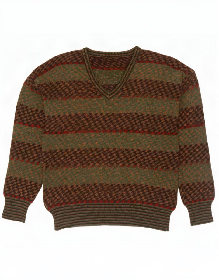 Męski sweter w stylu vintage z dekoltem w szpic IT 50 w średnie paski khaki
