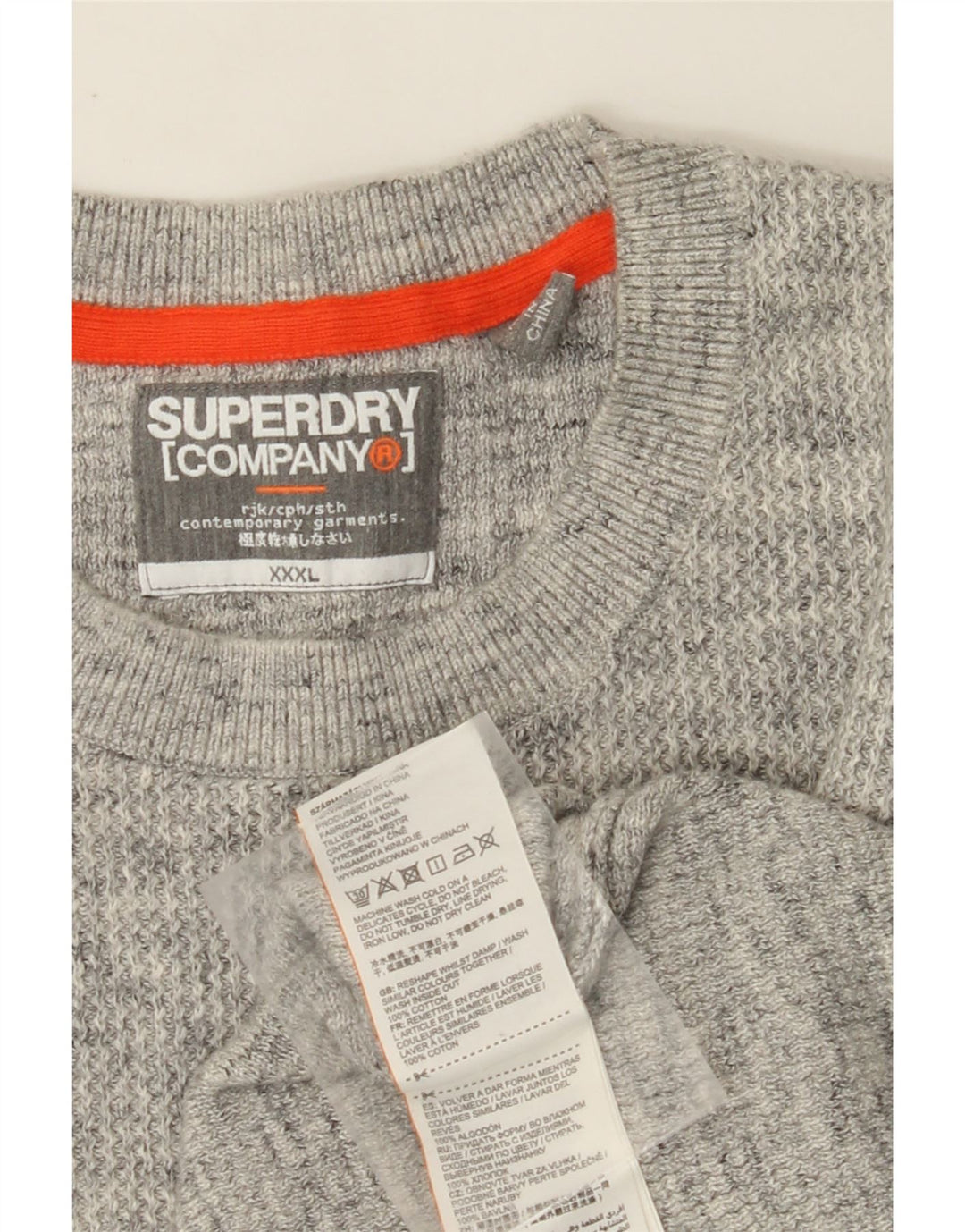SUPERDRY Męski sweter z okrągłym dekoltem, 3XL, szara bawełna w plamki