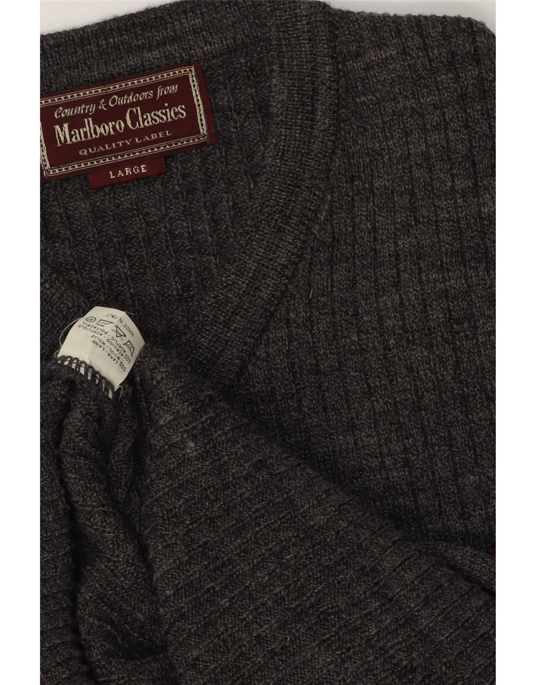 Marlboro Classics Męski sweter z dekoltem w kształcie litery V, duży, szary, wełniany