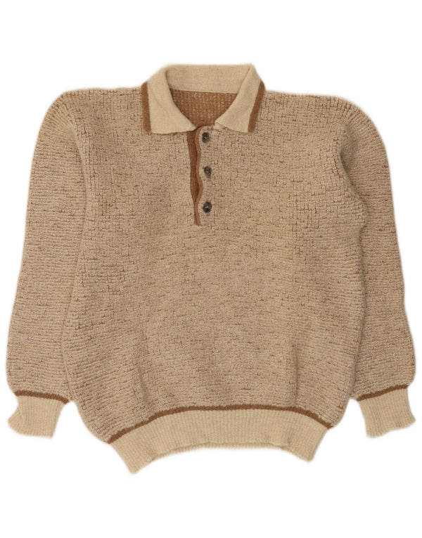 Męski sweter w stylu vintage, z kołnierzykiem polo, średnio beżowy, nakrapiany wełną z alpaki