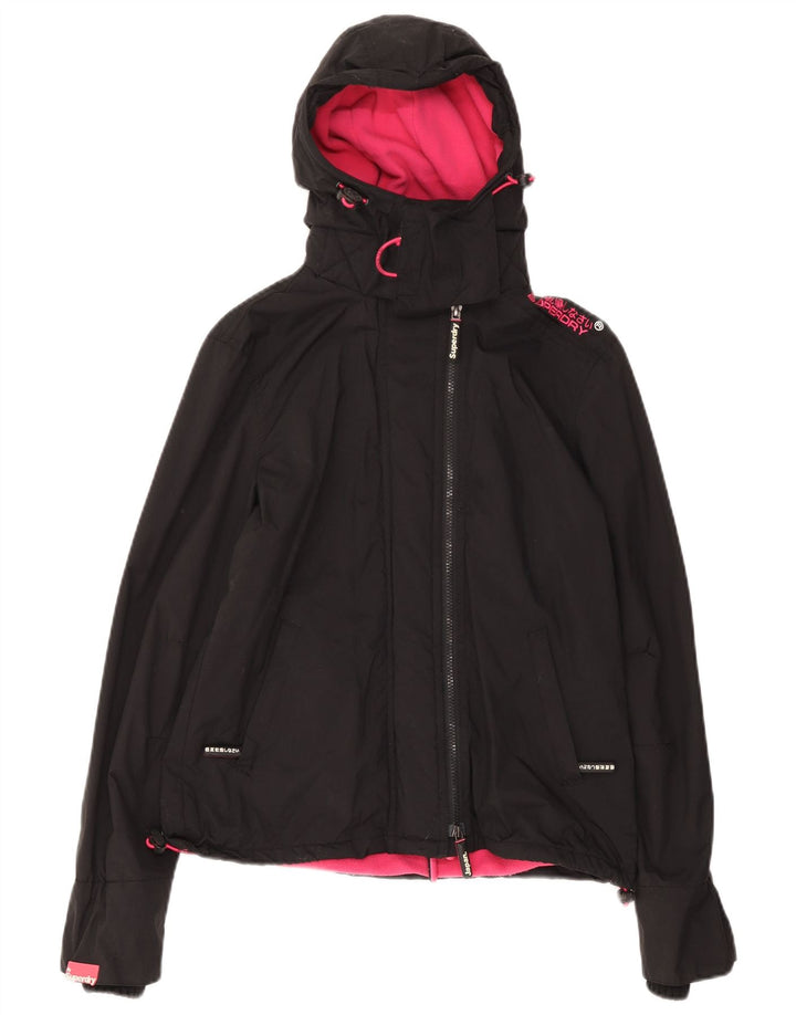 Damska kurtka wiatrówka z kapturem Superdry UK 14, średni czarny nylon