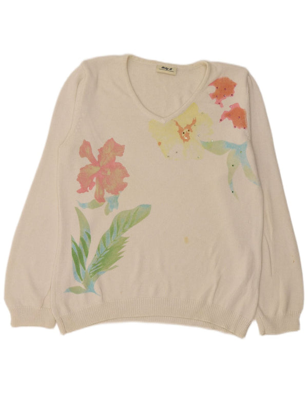 Sweter damski w stylu vintage z dekoltem w szpic UK 14 Średni biały kwiatowy