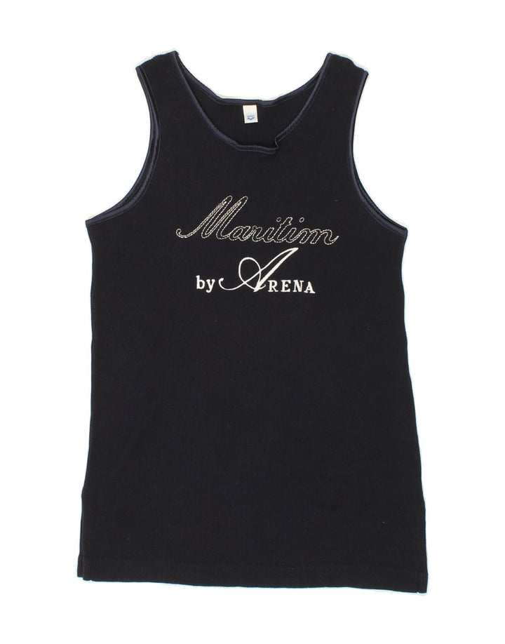 ARENA Womens Graphic Vest Top UK 12 Medium Navy Blue Cotton Vintage Arena and Second-Hand Arena from Messina Hembry 