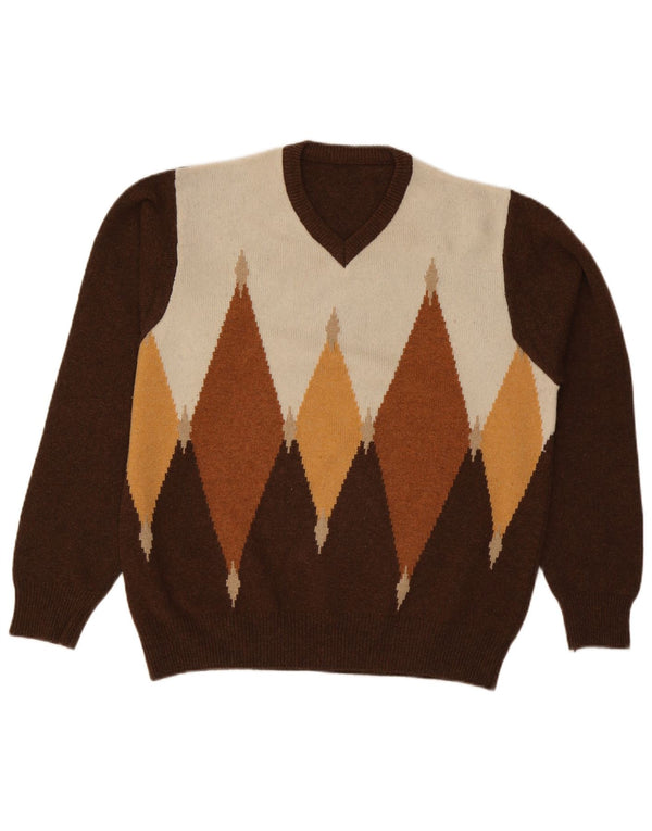 Vintage męski sweter z dekoltem w szpic, duży brązowy Argyle/diament