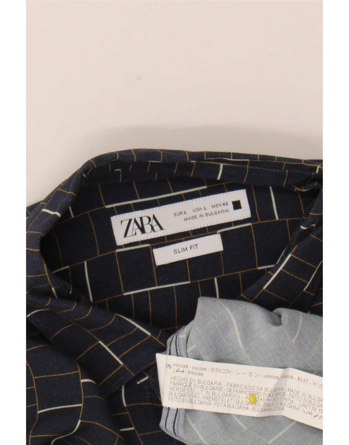 Koszula męska Zara Slim Fit, duża, granatowa, wiskozowa krata