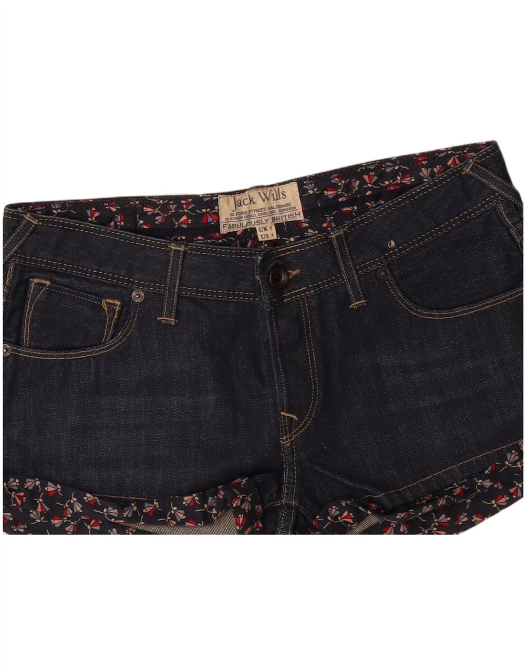 Damskie spodenki jeansowe JACK WILLS UK 8 Small W28 Granatowe kwiaty