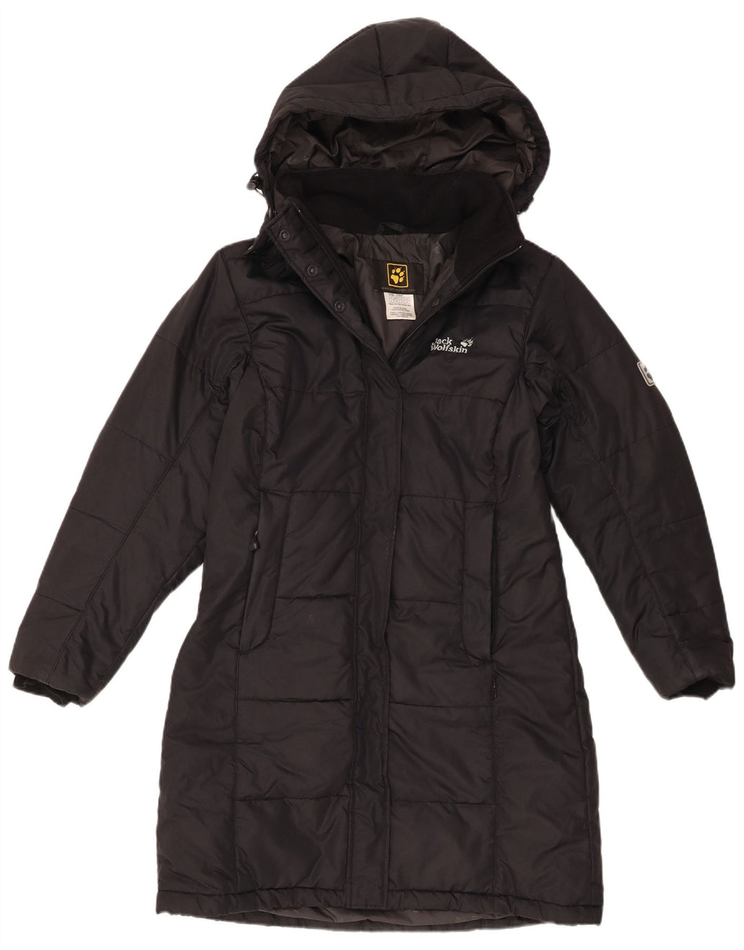 Damski ocieplany płaszcz z kapturem Jack Wolfskin UK 10, mały, czarny poliester