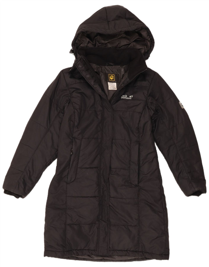 Damski ocieplany płaszcz z kapturem Jack Wolfskin UK 10, mały, czarny poliester