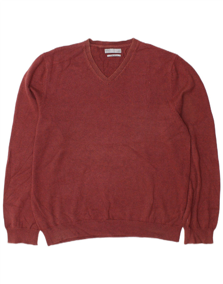 Marks & Spencer Męski sweter z dekoltem w kształcie litery V, XL, brązowy, bawełniany