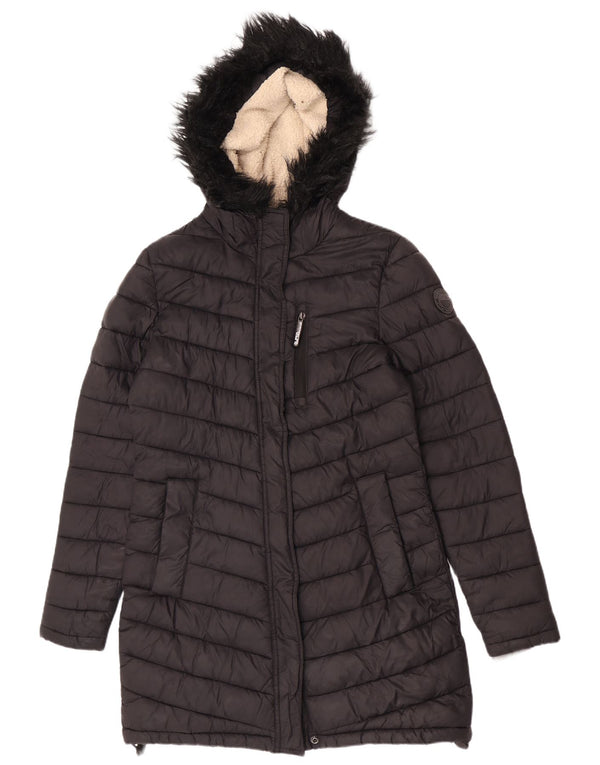Damski ocieplany płaszcz z kapturem Superdry UK 14, średni czarny nylon