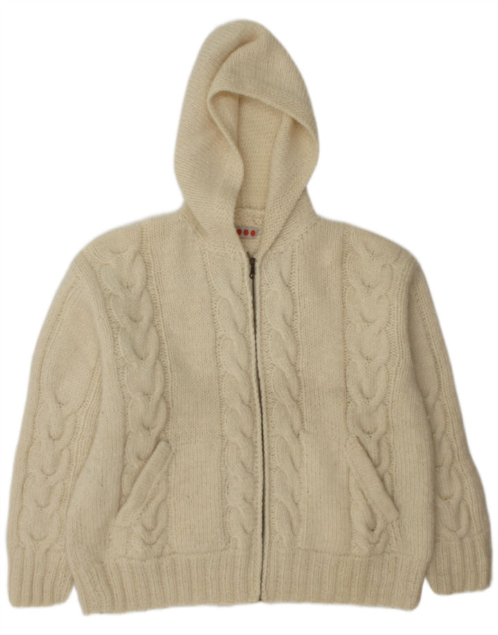 Vintage męski sweter z kapturem, duży, z białej wełny