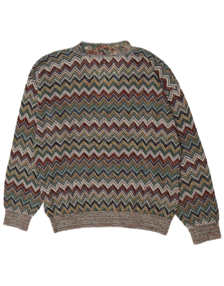 Męski sweter w stylu vintage z dekoltem w szpic, duży, wielokolorowy, akrylowy jodełka