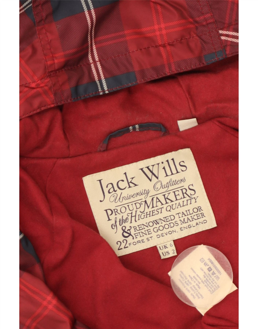 JACK WILLS Damska, obszerna kurtka przeciwdeszczowa z kapturem UK 6 XS, poliester w czerwoną kratę