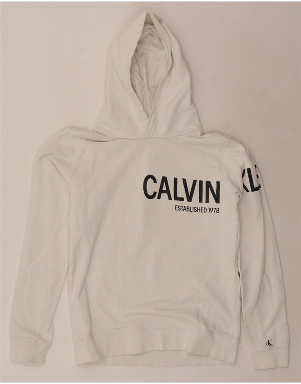 Chłopięcy sweter z kapturem i grafiką Calvin Klein Jeans, 15-16 lat, biała bawełna