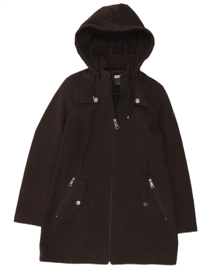Dkny Damski płaszcz wiatrówkowy z kapturem, oversize UK 10, mały, czarny poliester
