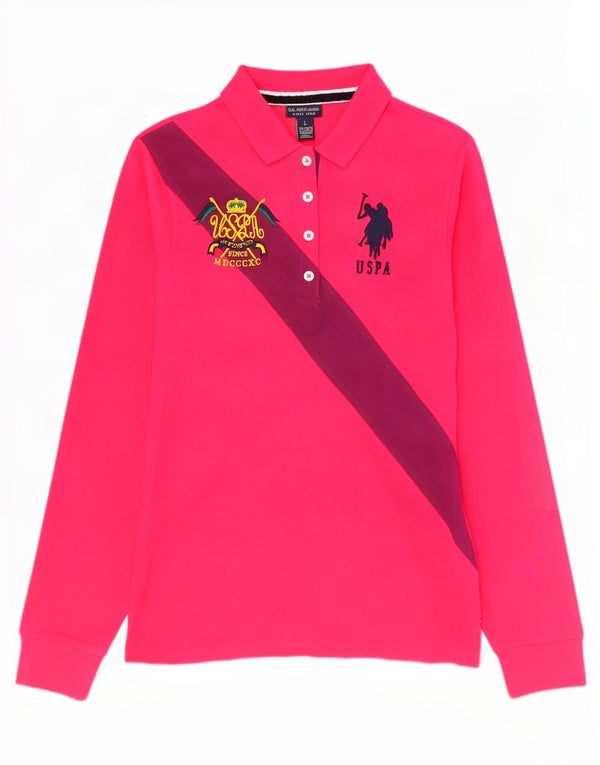 US Polo Assn. Damska koszula graficzna UK 14, duża, różowa, z blokami kolorów