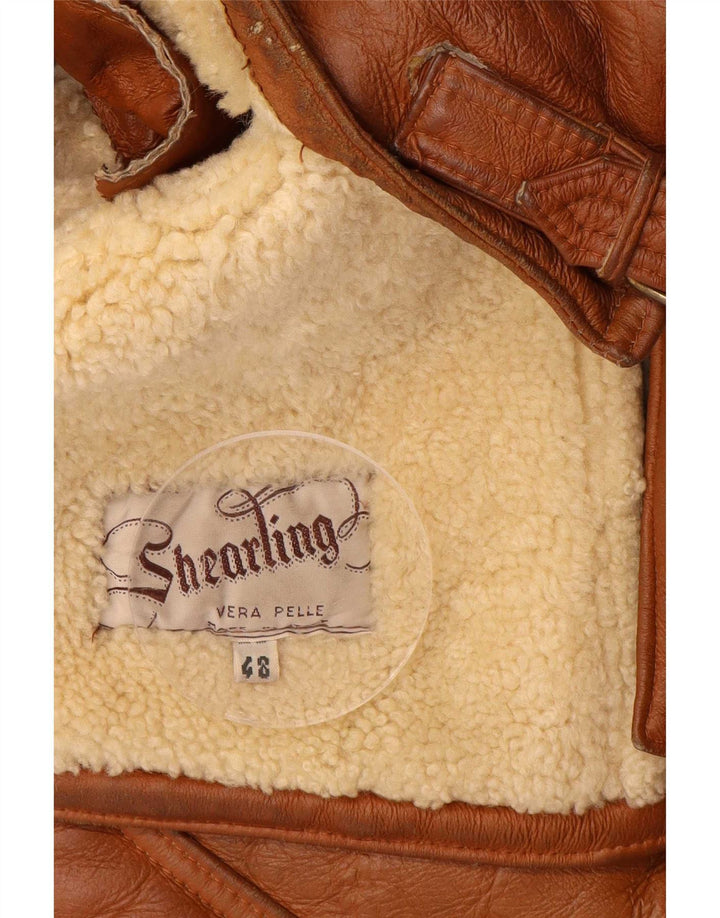 Męska kurtka shearling w stylu vintage zapinana na 3 guziki IT 48 Średni brąz Kolorblok